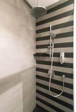 Shower, hair dryer, towels, toilet paper