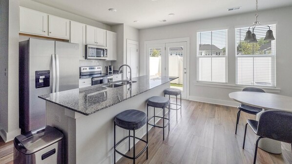 Fridge, dining tables