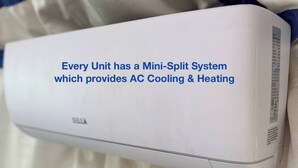 Un equipo de aire acondicionado blanco con una etiqueta que indica que es un sistema Mini-Split para refrigeración y calefacción.