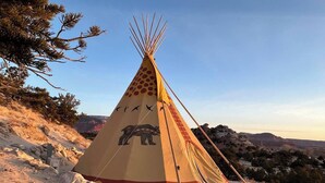 Een traditionele tipi met een berendesign, gelegen op een rotsachtige heuvel onder een heldere lucht.
