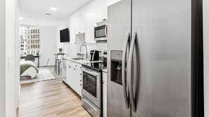 Fridge, dining tables