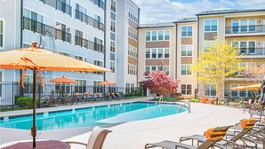 A swimming pool area with lounge chairs and umbrellas, surrounded by multi-story buildings with balconies. - Landing | Stunning 2BD, Courtyard, Pool (Hyattsville)