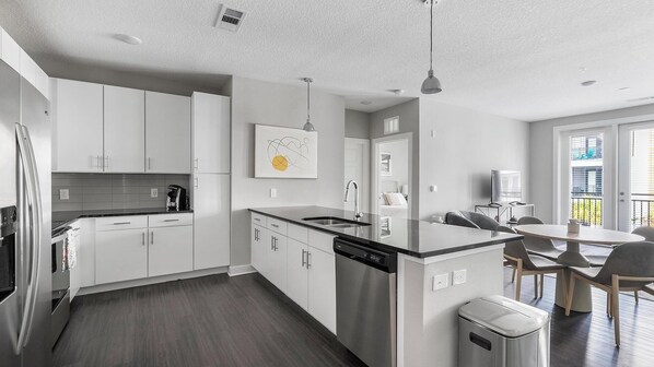 Fridge, dining tables