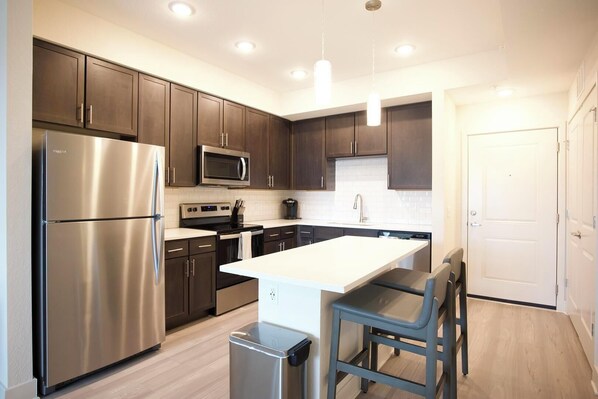 Fridge, dining tables