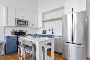 Fridge, dining tables