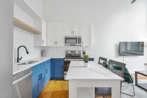 Fridge, dining tables