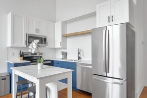 Fridge, dining tables