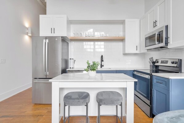 Fridge, dining tables