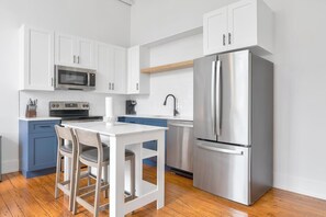Fridge, dining tables