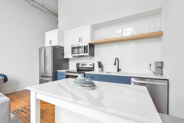 Fridge, dining tables