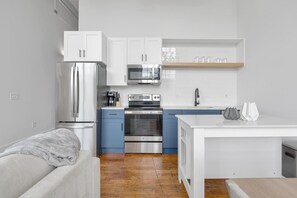 Fridge, dining tables