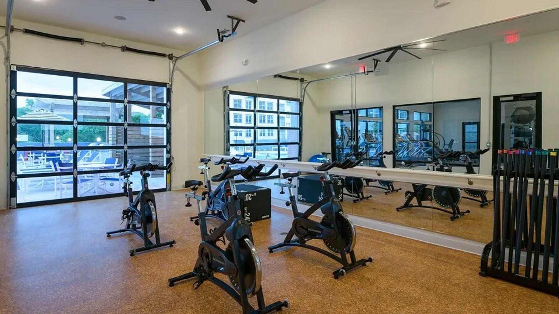 A gym with cardio equipment, mirrors, and large windows.