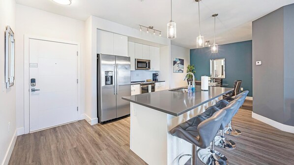 Fridge, dining tables