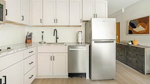 Fridge, dining tables