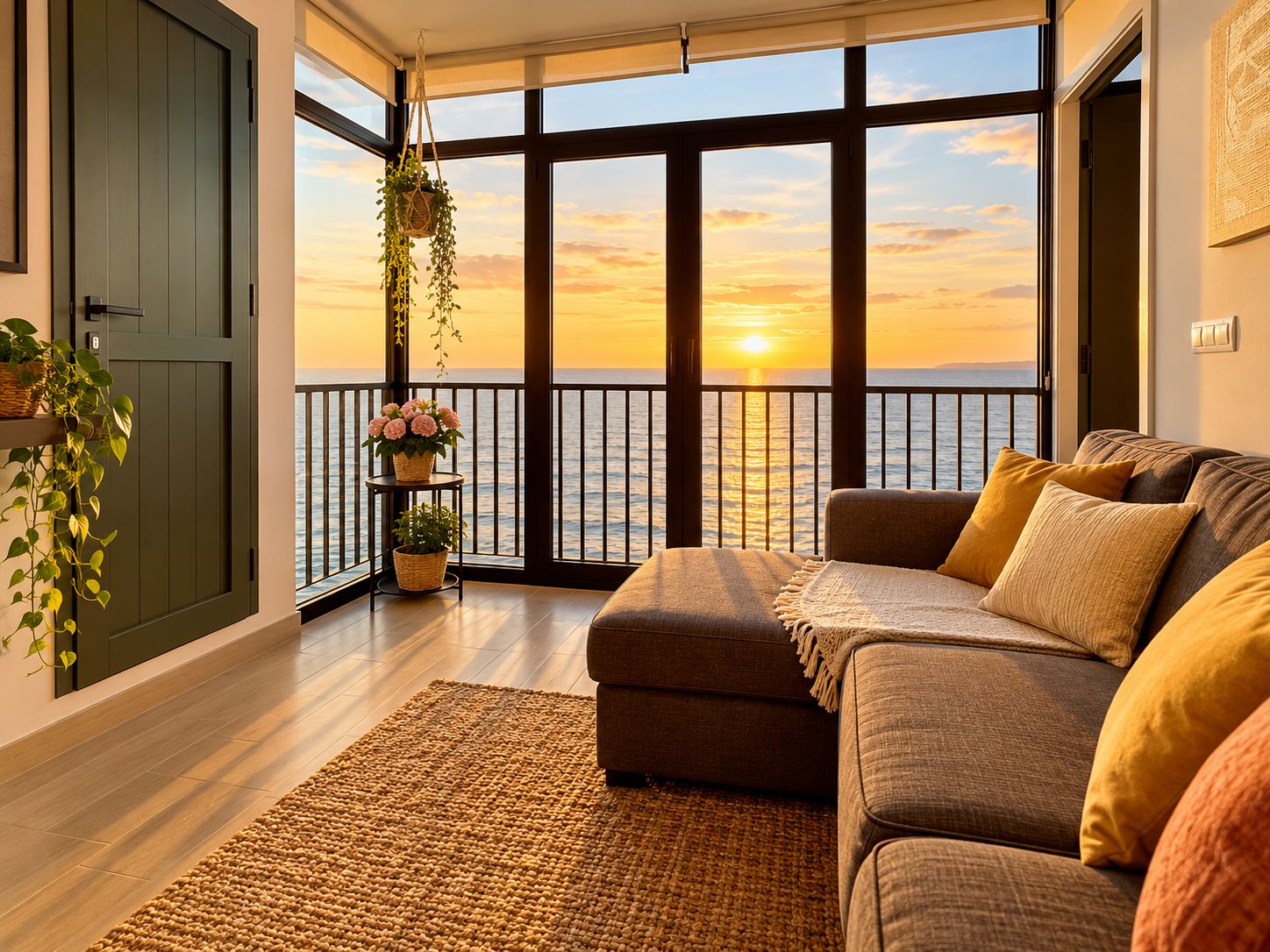 A living room with a large window overlooking the sea, a sofa, a small table with flowers, and a hanging plant.