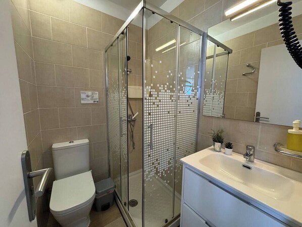 A modern bathroom with a glass-enclosed shower, a toilet, and a sink with a mirror.