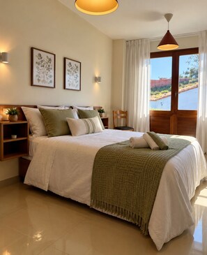 A neatly made bed with a green throw blanket, a bedside table with a plant, and a window with curtains. - 2 Maricarmen Tacoronte villa four bedrooms (Tacoronte)