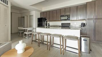 Fridge, dining tables