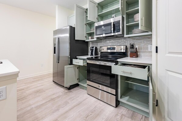 Fridge, dining tables