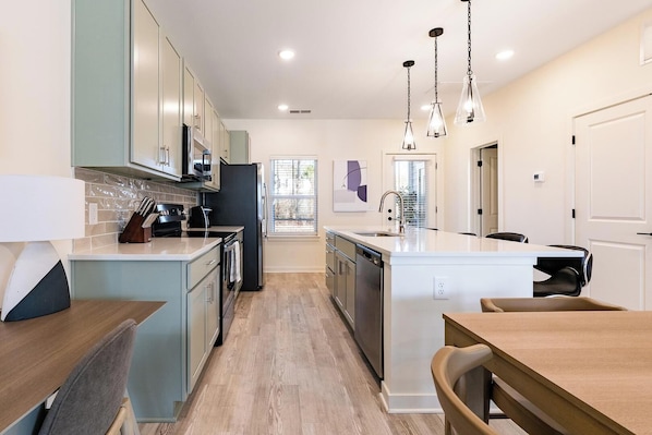 Fridge, dining tables