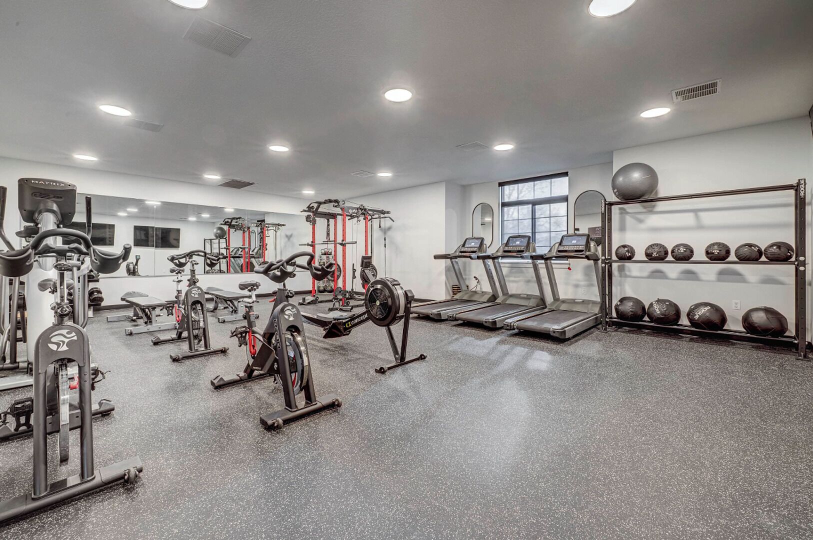 Une salle de sport équipée de tapis de course, de vélos d’appartement, d’appareils de musculation et d’un mur rempli de balles lestées.