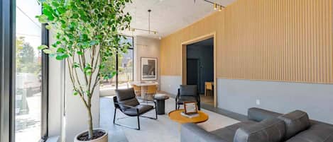 A modern interior with a sofa, chairs, a coffee table, and a potted plant.