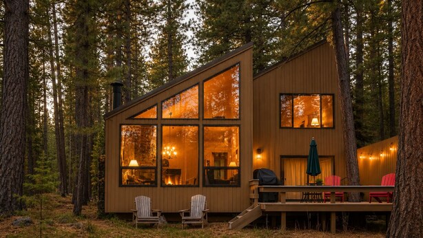 A cabin with large windows, a deck with chairs, and a fireplace.