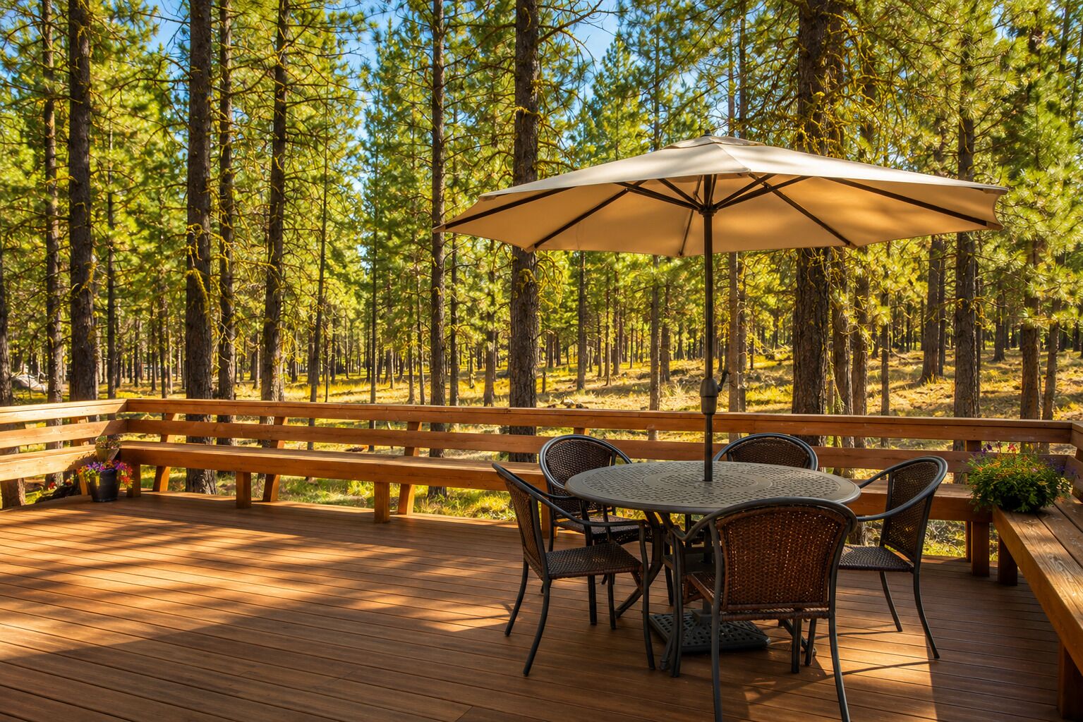 A wooden deck with a round table and chairs, an umbrella, and a bench.
