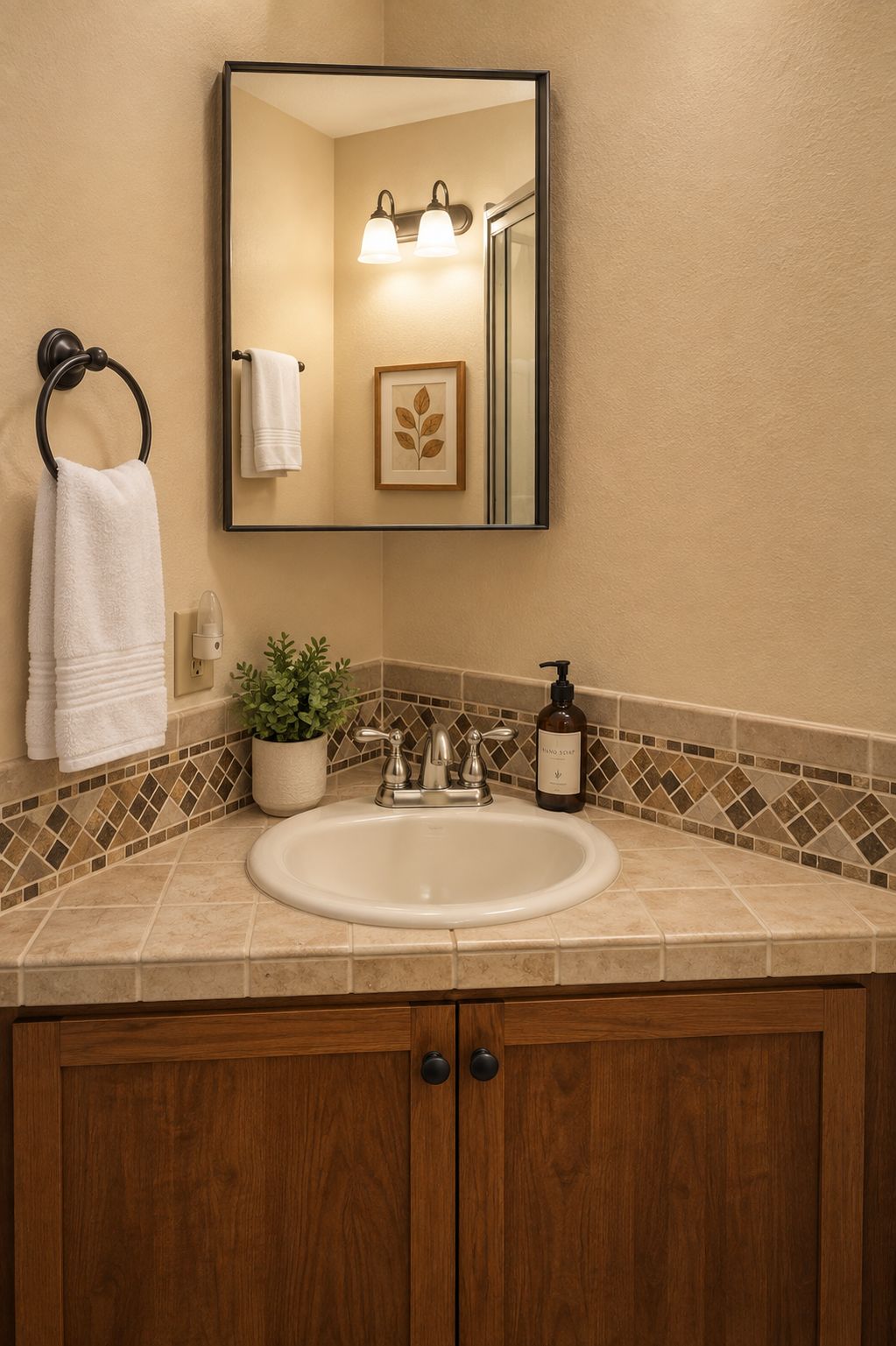 A bathroom with a white sink, a mirror, a towel rack, a potted plant, and a bottle of hand soap.