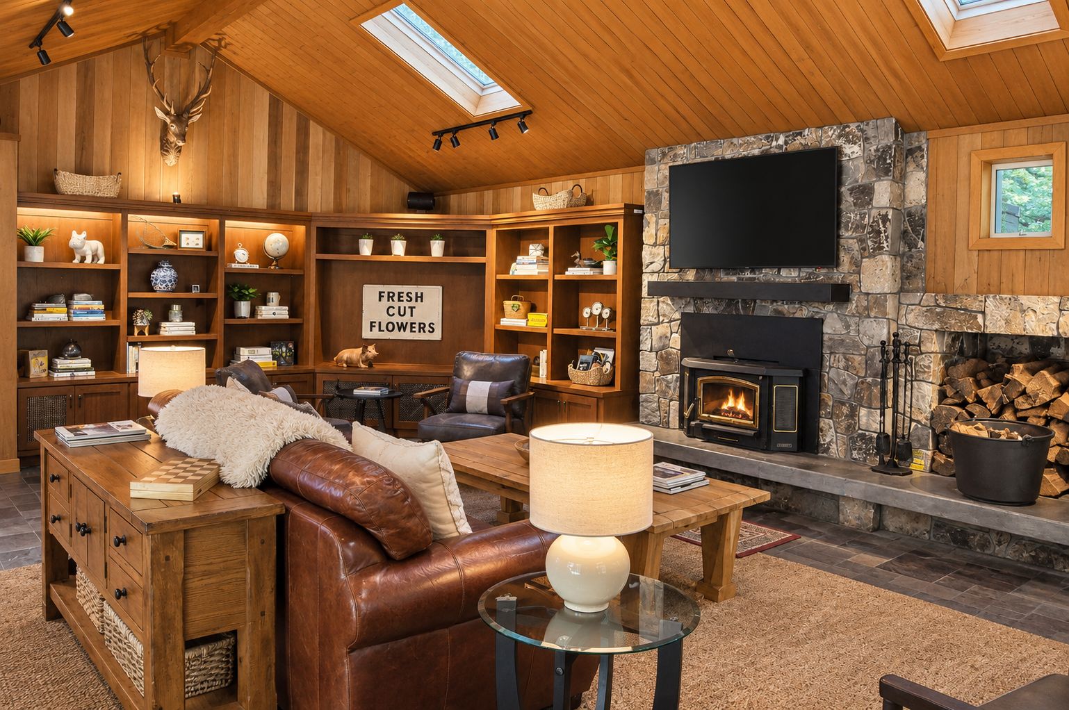 Un salon chaleureux avec une cheminée, des étagères en bois et un coin salon confortable.