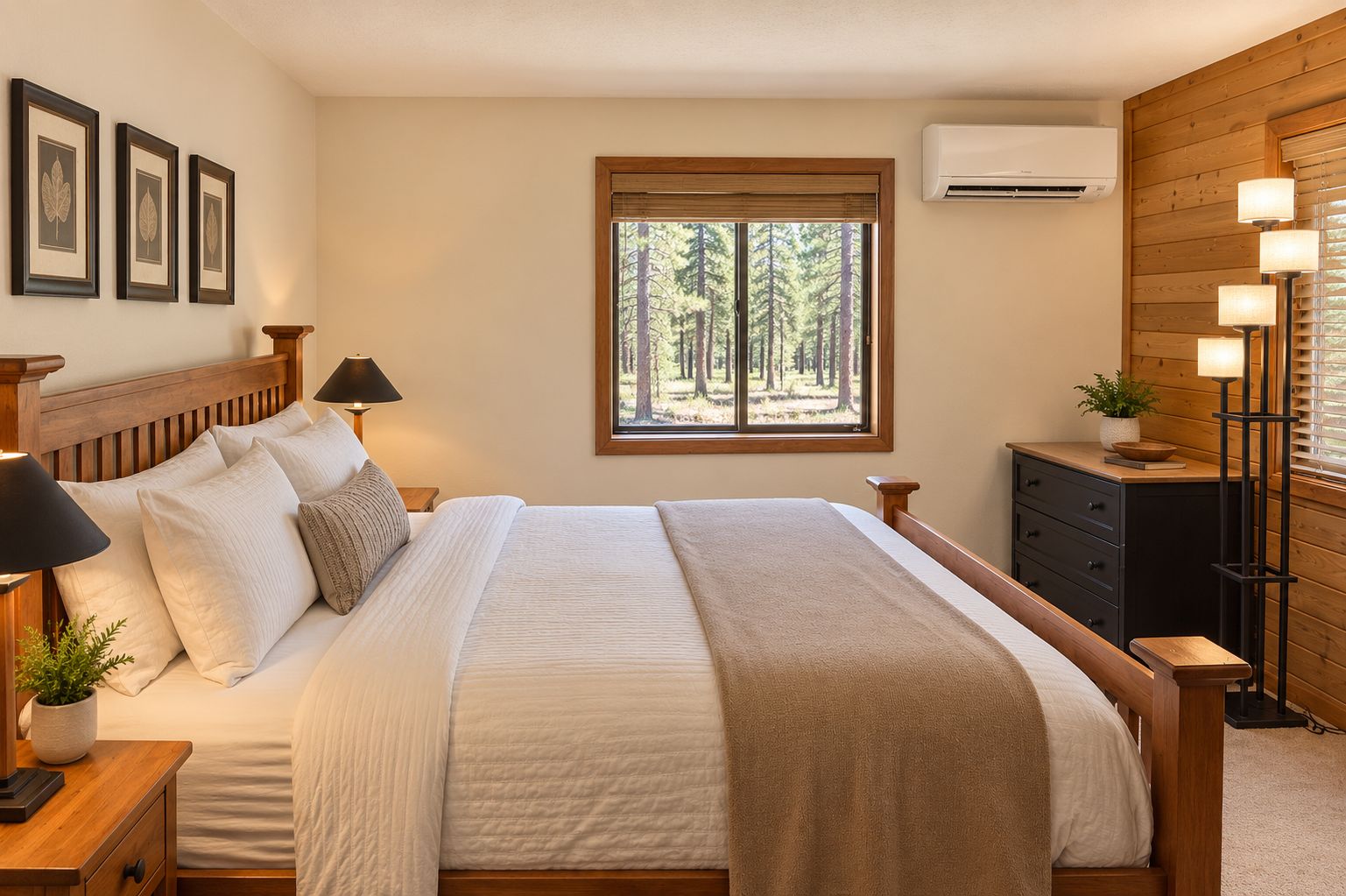 A bedroom with a large bed, a nightstand, a dresser, a window with a forest view, and framed pictures on the wall.