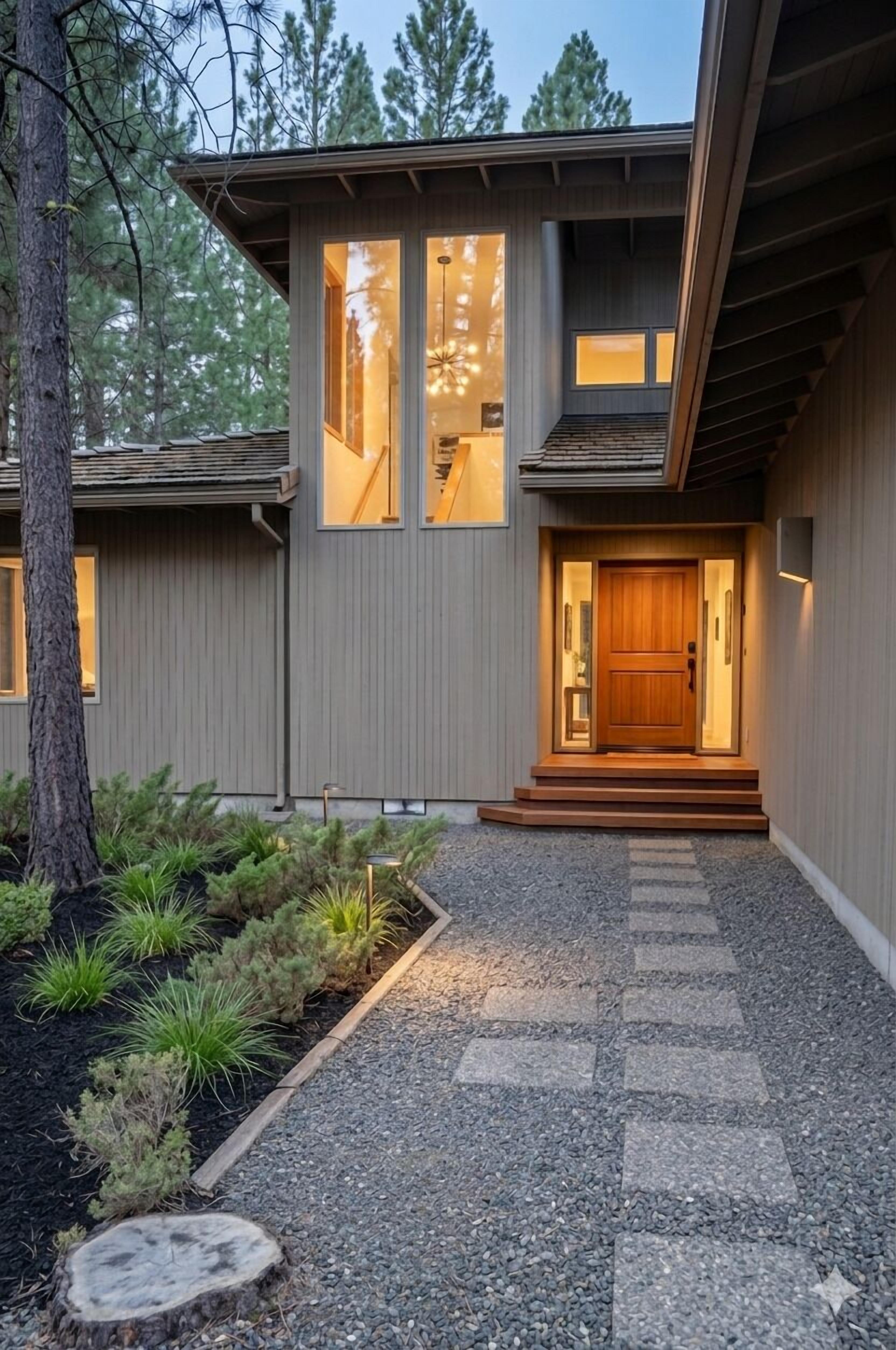 Een modern huis met een houten voordeur, grote ramen en een grindpad dat naar de ingang leidt.