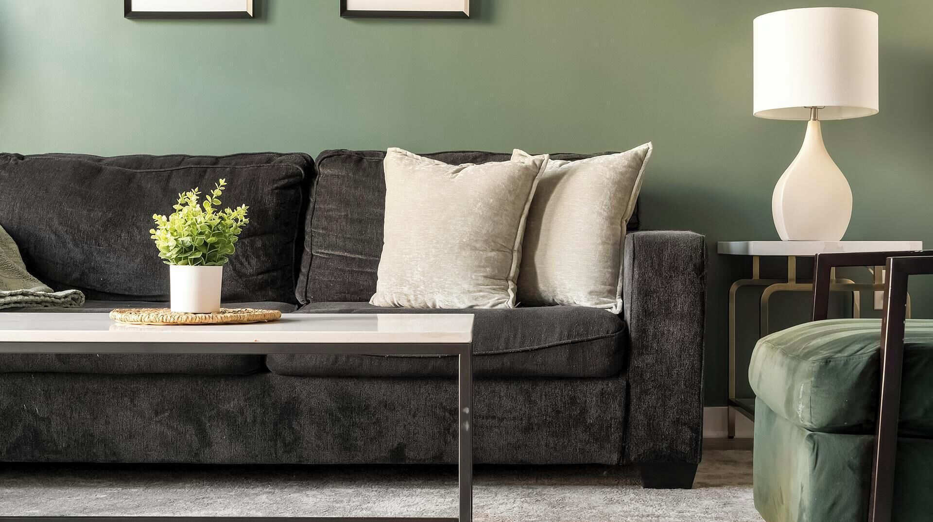 A dark grey sofa with two cushions, a small white table with a plant, and a white floor lamp.