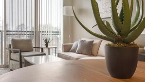 Un salon moderne avec une grande plante d’aloe vera en pot, placée sur une table en bois.