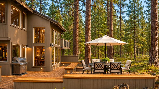 Een modern huis met een terras, buitenmeubels en een barbecue.