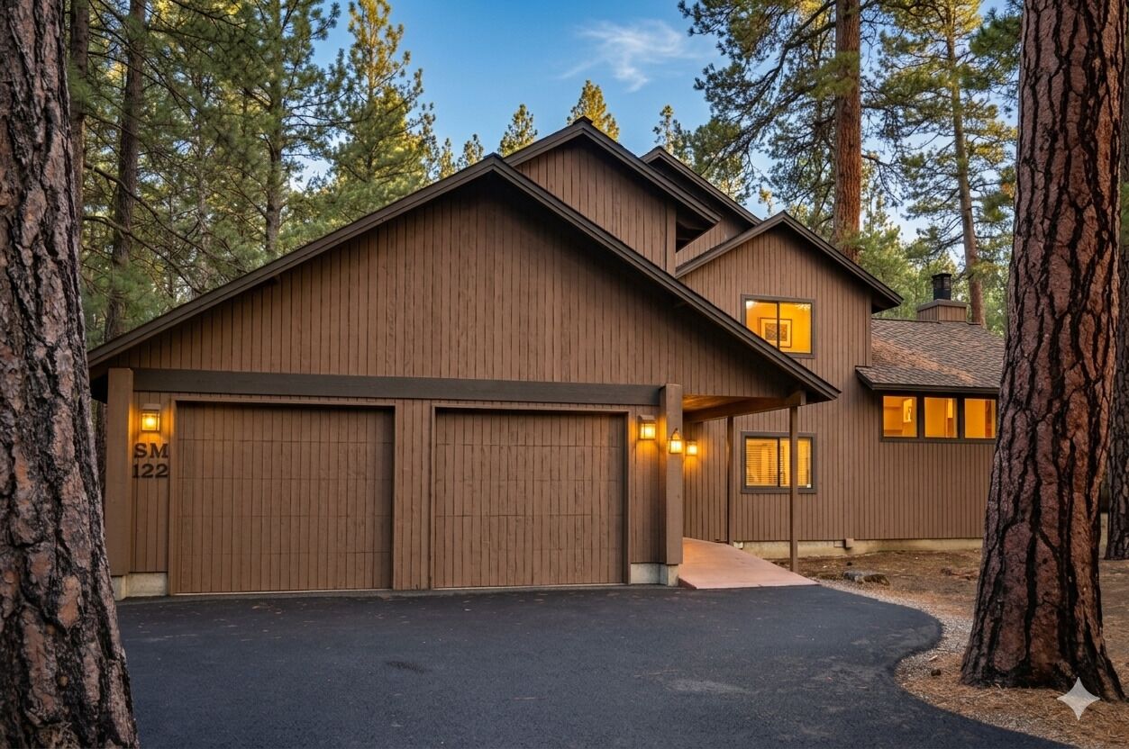 A two-story wooden house with a garage, surrounded by tall trees.