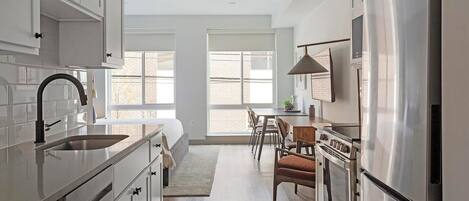 Fridge, dining tables