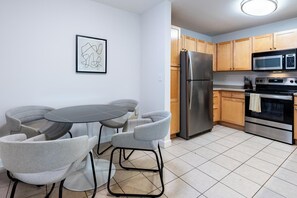 Fridge, dining tables