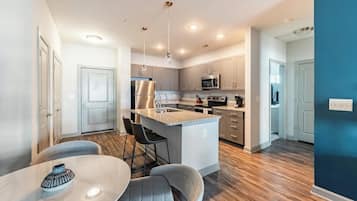 Fridge, dining tables