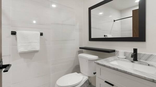 A modern bathroom with a toilet, sink, and mirror.