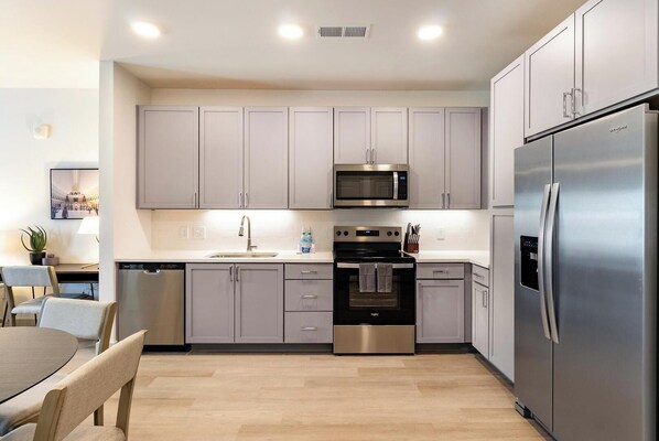 Fridge, dining tables