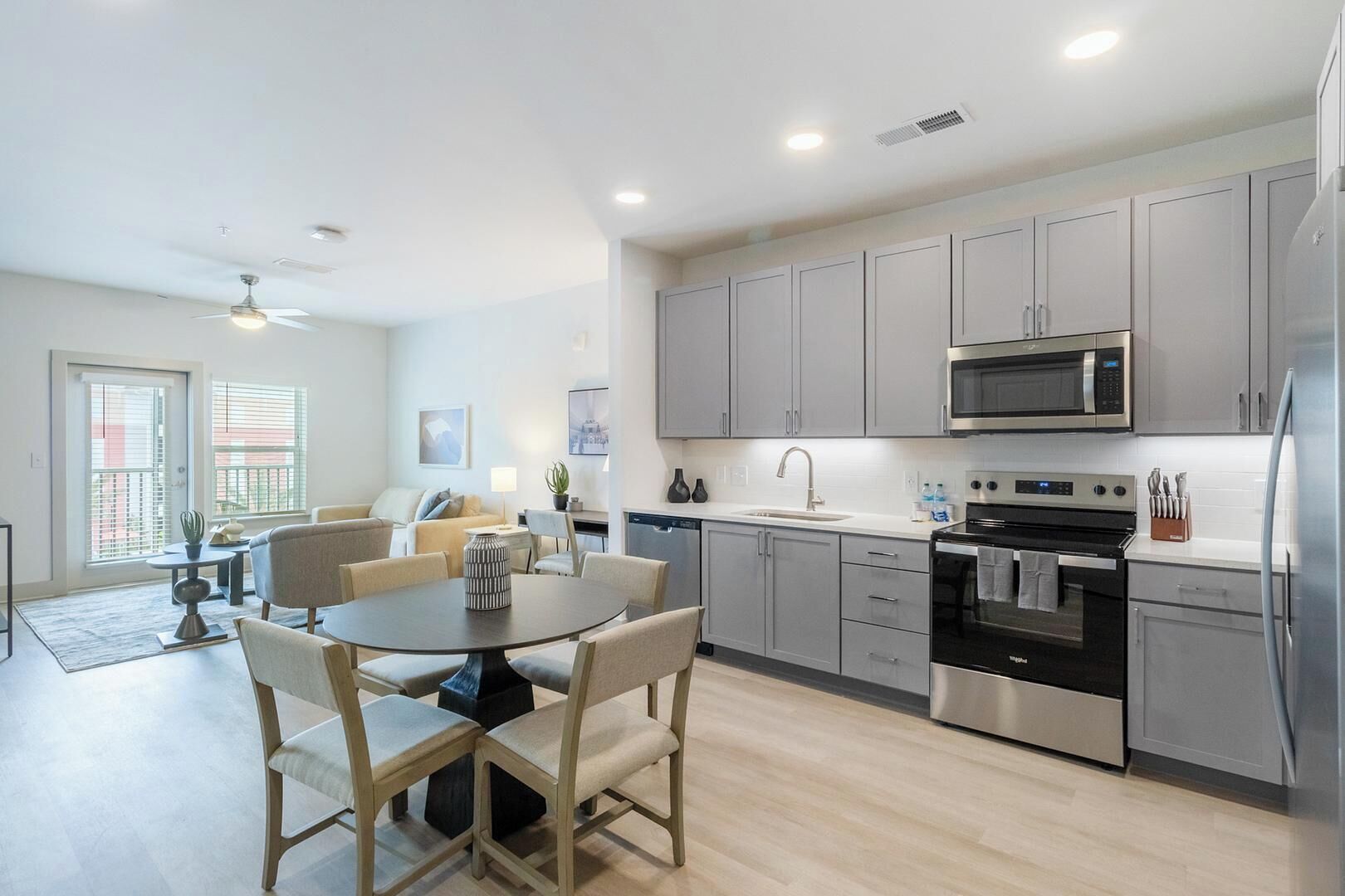 Fridge, dining tables
