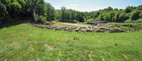 An archaeological site with ancient ruins and a grassy field.