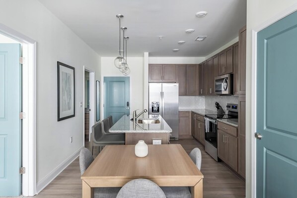 Fridge, dining tables