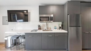 Fridge, dining tables