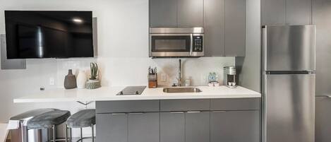 Fridge, dining tables