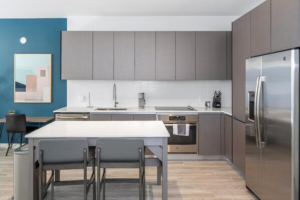 Fridge, dining tables