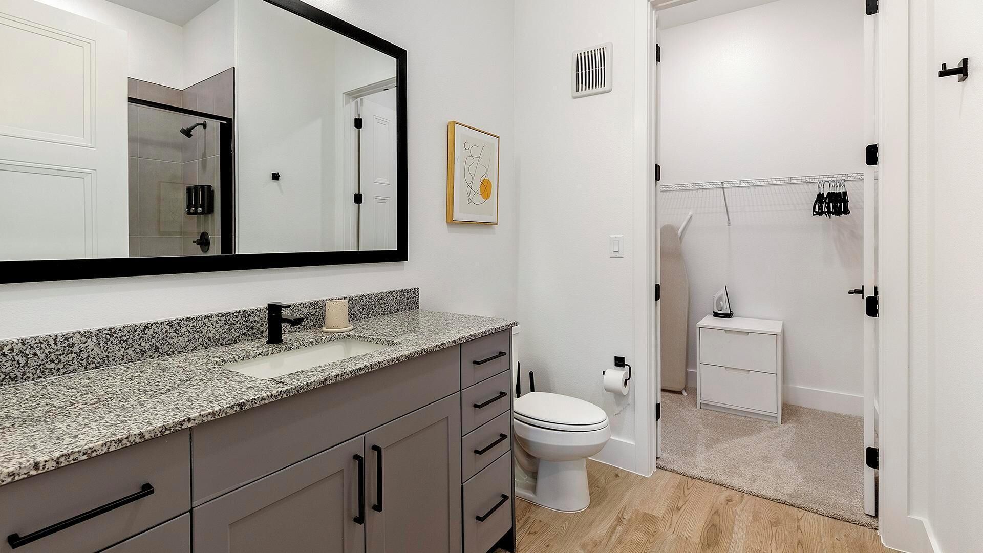 Een moderne badkamer met een granieten aanrechtblad, een toilet, een douchegedeelte en een kunstwerk in een lijst aan de muur.