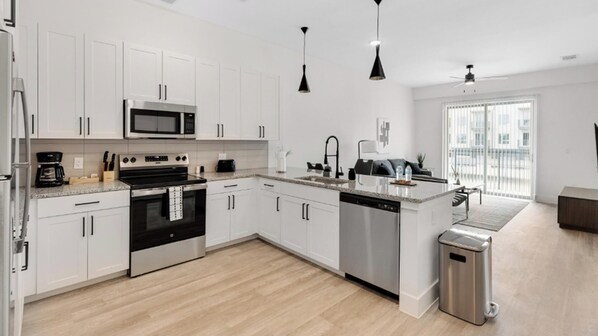 Fridge, dining tables - Landing | Incredible 1BD, Gym (Denton)