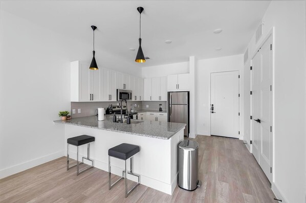 Fridge, dining tables